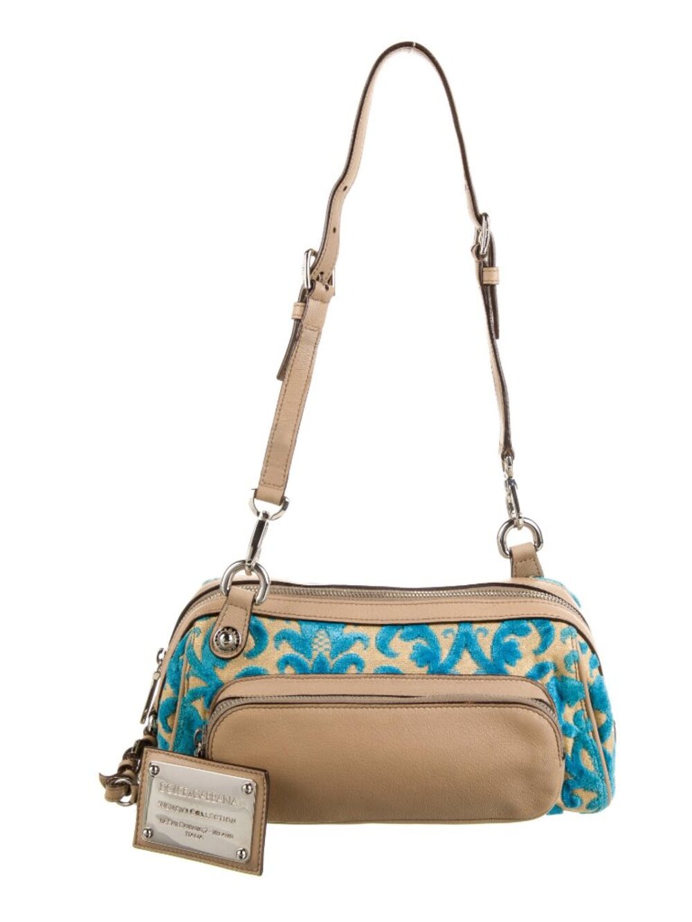 Dolce & Gabbana Floral Canvas Bag Blue Beige Leather Strap